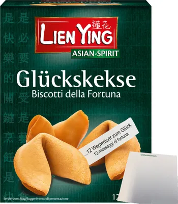 Produktbild von Lien Ying Glückskekse mit weisen Botschaften (70g Packung) + usy Block