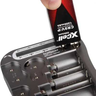 Produktbild von Kraftmax Batterietester V2 Professional - Universal Batterie und Akku Testgerät mit LCD Display und Knopfzellen Test - NEUSTE VERSION