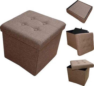 A collage of images showing a brown storage ottoman from different angles, including its open and closed states.