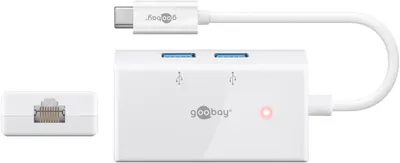 Immagine prodotto di Goobay 66269 Adattatore multiplo USB-C™ USB 3.0, RJ45, bianco, 1 pz. in foglietto - connessione Ethernet simultanea e 2x presa USB 3.0 A a spina USB-C