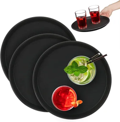 Productafbeelding van Horeca dienblad - Set van 3 - Ø 28 cm - Antislip - Bar - Restaurant - Café - Rand - Serveerbladen rond - Zwart