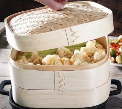 Produktbild von Bambus Dampfgarer Set – Bambusdämpfer Dampfgarer aus Bambus zum Dünsten von Gemüse, Fleisch und Fisch – Nachhaltiger Bambus Steamer für gesunde Zubere