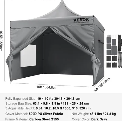 Zdjęcie produktu dla Vevor Pawilon Ogrodowy 304X304 Cm 3 Wysokości 500Dpoliuretan Srebrny Składany