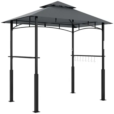 Zdjęcie produktu dla Altana grillowa z oświetleniem LED 243 x 148 x 248 cm – wodoodporna i trudnopalna, podwójny dach, półki boczne, ochrona przed promieniowaniem UV, metalowa altana grillowa na imprezy i grillowanie, kolor szary