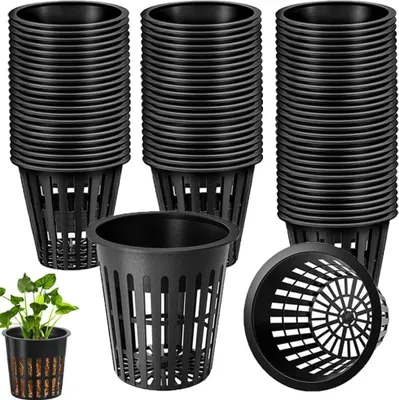 Obrázek produktu pro Síťované květináče pro hydroponii - 50 kusů - černé - plastové - 8 cm