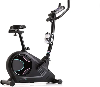 A black exercise bike with a water bottle holder and a digital display, isolated on a white background.