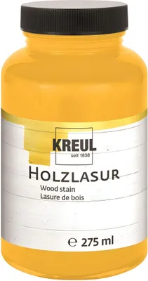 Produktbild von KREUL 78202 - Farbintensive Acryl Holzlasur, 275 ml Kunststoffglas in sonnengelb, für unbehandeltes, natürliches Holz und saugende Naturpapiere, fließend - flüssige Farbe auf Wasserbasis
