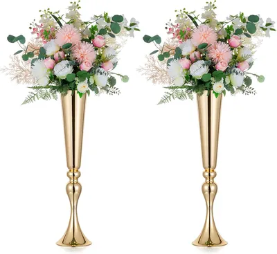 Produktbild von Blumenständer aus Metall, Gold, Hochzeit: 2 Stück, 55,5 cm hohe Trompetenvase, Blumenvase, goldener Blumenarrangement-Ständer für Geburtstagsfeier-Tischdekoration