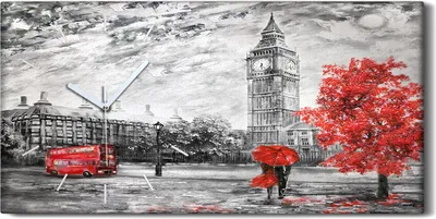 Produktbild von Wanduhr Uhr Wandbild Leinwand Quarz 60x30 London Bäume Big Ben Regenschirm Bus - weiße Hände