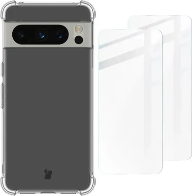 A clear phone case and two screen protectors are shown against a white background.
