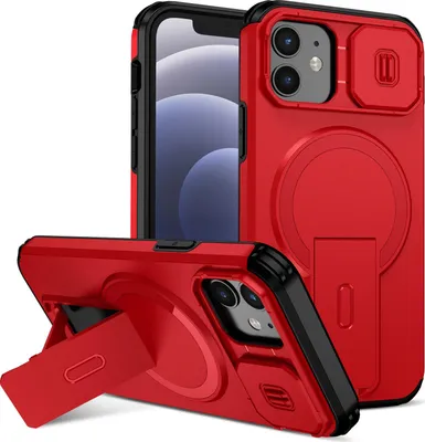 Immagine prodotto di Custodia magnetica per iPhone 12/iPhone 12 Pro, custodia resistente a doppio strato con protezione scorrevole della fotocamera e supporto regolabile Rosso