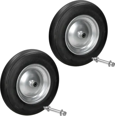 Produktbild von ECD Germany 2er Set Schubkarrenrad aus pannensicherem PolyurethanVollgummi, Ersatzrad Gummirad mit Achse, 3.50-8 / Ø350x80 mm, Schwarz, 150kg Tragkraft, Reifen mit Stahlfelge