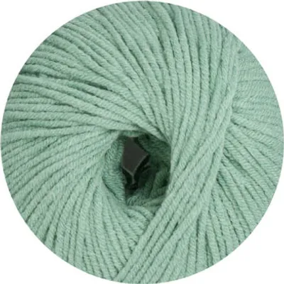 A close-up, circular image of a ball of mint green yarn.