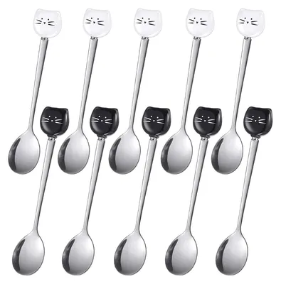 10er Set Katzenkopf Kaffeelöffel aus Edelstahl, 16 cm