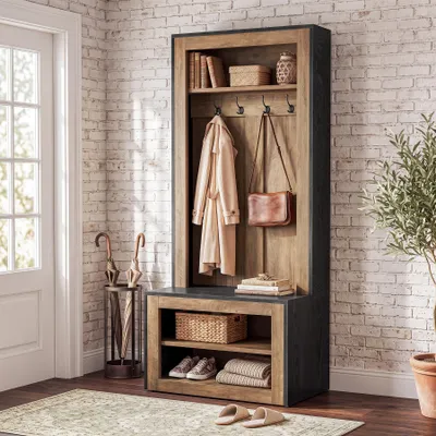 Produktbild von Wanbor 180 cm Garderobe mit Sitzbank und Schuhregal, Eingangsbereich-Bank mit 4 Doppelhaken und offenem Schuhregal für Diele und Eingangsbereich