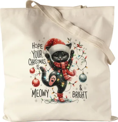Produktbild von Hope Your Christmas Is Meowy Bright Lustiges Katzenmotiv Jutebeutel Geschenkidee witziges Design Weihnachten