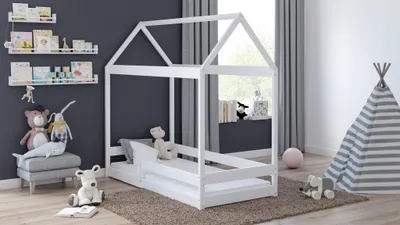 Produktbild von Hüttenbett für Kinder, Bodenbett Domek Miś, 80 x 180 cm, Höhe 175 cm, Meble Wróbel, Weiß