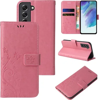 Produktbild von Handyhülle für Samsung Galaxy S21 FE Floral Blumen Schmetterling Flip Cover Hülle Case Klapphülle Handytasche Farbe: Rosegold