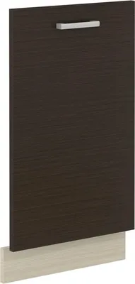 A close-up, front-facing view of a dishwasher door with a handle and a base panel.