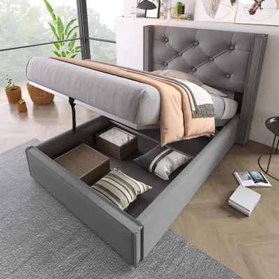 Produktbild von Hydraulisches Polsterbett 90x200 cm mit Stauraum – Platzsparendes Einzelbett mit Baumwollbezug und gepolstertem Kopfteil, Grau