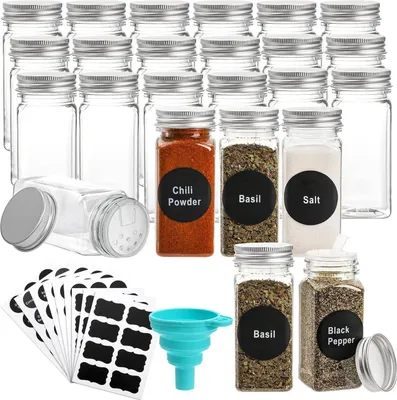 Obrázek produktu pro Kořenky 120ml plastové čtvercové 24 ks vzduchotěsné víčko štítky nálevka