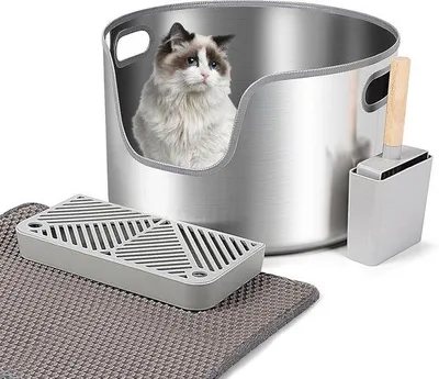 Produktbild von Famanu Katzenklo Hochseitige Edelstahl Katzenbox mit Schaufel - Filterpedal & Katzenstreumatte - Einfach zu Reinigen
