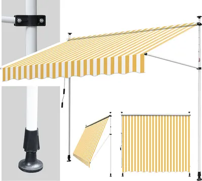 Produktbild von Fiqops Balkonmarkise Gelenkarm Markise Klemmmarkise Sonnenmarkise Balkon 3M, Gelb und Weiß