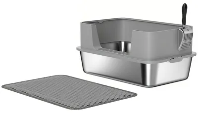 Image de Litière pour chat en acier inoxydable avec bord haut, pelle et tapis | Couleur : Gris | Dimensions : 40,2 x 60,2 x 29,5 cm