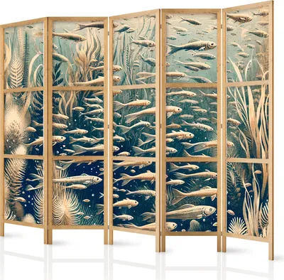 Produktbild von 5-teiliger Einseitiger Vlies Japanischer Paravent - Life in The Ocean - Underwater World of Fish And Vegetation in Beige And Navy Colors in Retro Style 225x172 cm Tiere g-H-10113-bh-b
