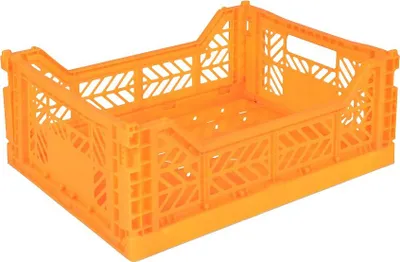An orange collapsible plastic crate.