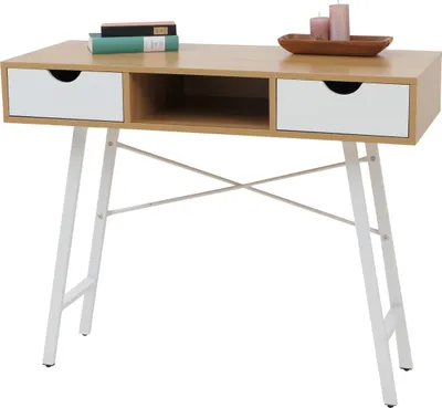 Image de Table console HWC-E92, Table de rangement Table d'appoint, structure 3D 100x40cm ~ brun naturel blanc