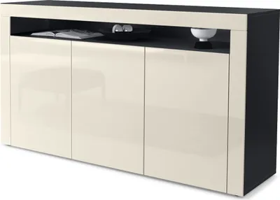 Produktbild von Vladon Sideboard Valencia,  Germany, Kommode mit 3 Türen und 1 offenem Fach, Schwarz matt/Creme Hochglanz/Creme Hochglanz (155 x 92 x 40 cm)
