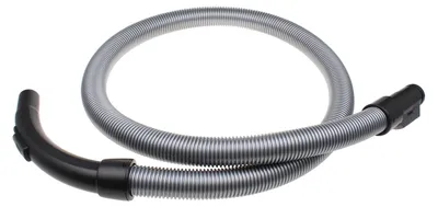 A vacuum cleaner hose with black connectors on a white background.