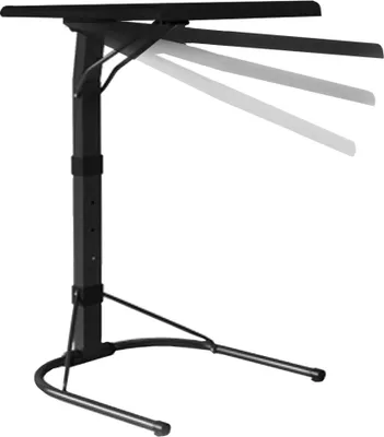 A black foldable laptop table with adjustable height and tilt.