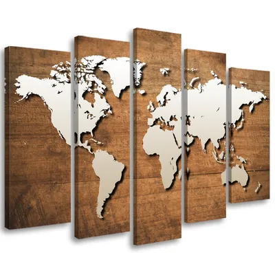 Produktbild von 5-teiliges leinwandbild vintage weltkarte 100x70 cm Feeby braun wandbild bereit zum aufhängen