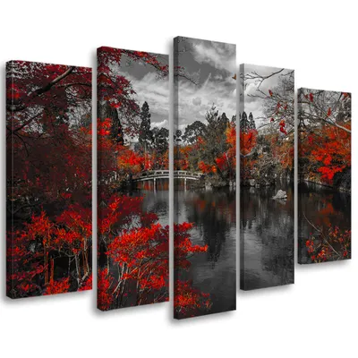 Produktbild von 5-teiliges leinwandbild japan garten rot 200x100 cm Feeby grau wandbild bereit zum aufhängen
