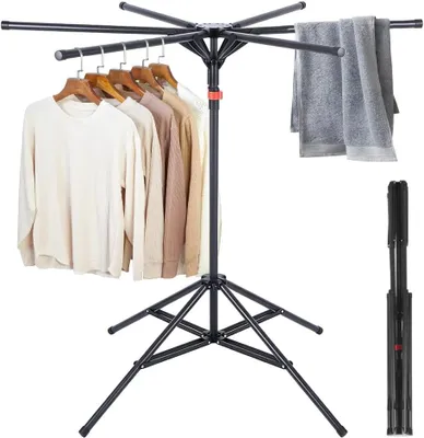 Image de Étagère à linge pliable, séchoir à linge sur pied avec 6 ailes, étendoir à linge en tour pour balcon, intérieur et extérieur (noir)