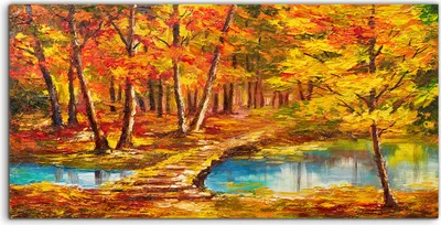 Produktbild von Coloray Glasbild 140x70  Wandbild Glasbilder Bäume Wald brücke Herbst Wasser See