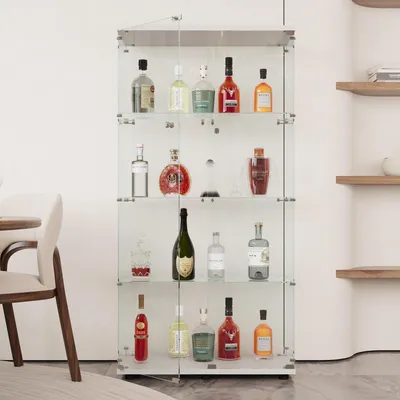 Image de Vitrine d'exposition blanche, dimensions 164x80x36,5 cm. Style moderne, avec verre et bois, 4 étagères, verre trempé de sécurité et double porte