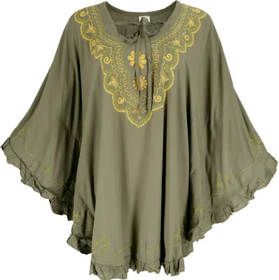 Produktbild von Bestickter Hippie Poncho, Tunika, Kaftan, Strandkleid, Maxi Größe - Khaki, Damen, Grün, Viskose, Blusen & Tunikas