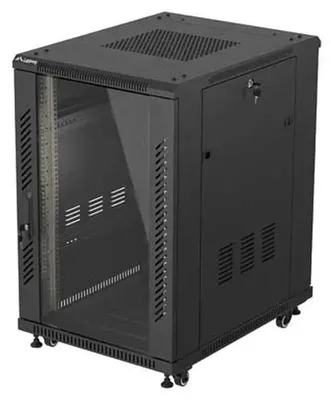 Imagen del producto de LANBERG, armario de 19 pulgadas, 18U, dimensiones 600x800, con puerta de vidrio, de pie, tipo FlatPack, color negro