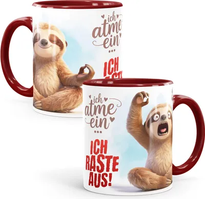 Produktbild von Tasse Faultier Spruch - Ich atme ein, ich raste aus -Bürotasse, lustige Kaffeebecher für Home Office - Geschenkidee Kollegen - Keramik MoonWorks®