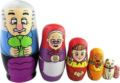 Productafbeelding van Boerderij familie russische pop geglazuurd - Set van 6 - Stapelen speelgoed handgemaakte nesten pop