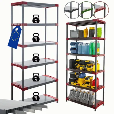 Produktbild von MODO24 Kunststoffregal, 6 Ablagen, 160kg/Boden, Schwerlast, Steckregal, Lagerregal, Plastikregal, Werkstatt, 222x110x46?cm, Rot, TYTAN