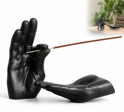 Produktbild von Räucherstäbchenhalter Hand‑Form schwarz, Räucherhalter mit Ascheauffänger, Deko Figur für Wohnzimmer, Tisch Deko für Zuhause