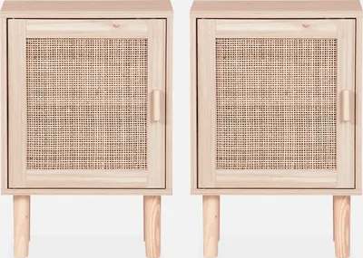 Two identical bedside tables with rattan fronts are shown against a white background.