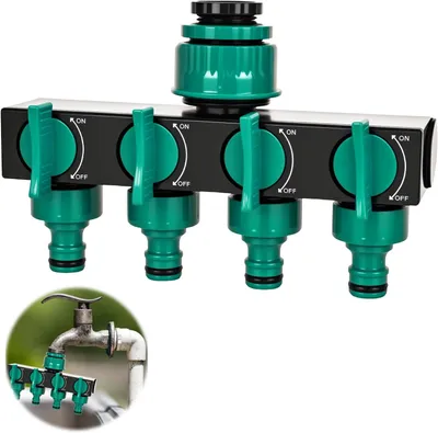 Imagen del producto de Distribuidor de agua de 4 vías, con conexiones de 3/4 de pulgada y 1/2 de pulgada, para sistemas de riego de jardines