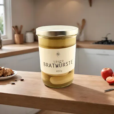 Produktbild von Saure Bratwürste im Glas – Metzgerei Guber – in Zwiebel-Sud eingelegt