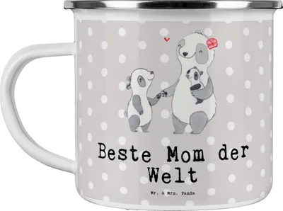 Produktbild von Mr. & Mrs. Panda Teetasse Panda Beste Mom der Welt - Grau Pastell - Geschenk, Geschenkidee, Blechtasse, Pott, Mama, Emaille Tasse, Motivtasse, Danke, Teebecher, Muttertag