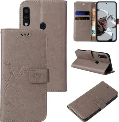 Produktbild von Handyhülle für Samsung Galaxy A40 Floral Blumen Schmetterling Flip Cover Hülle Case Klapphülle Handytasche Farbe: Grau